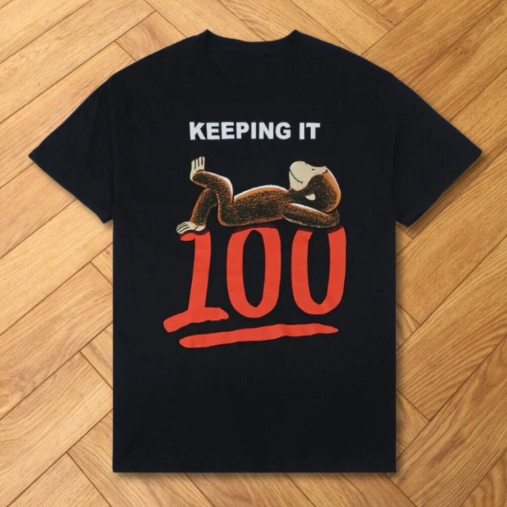 Black-Curious George Monkey Chilling Vibing Keeping It 100 Funny Graphic Tee
